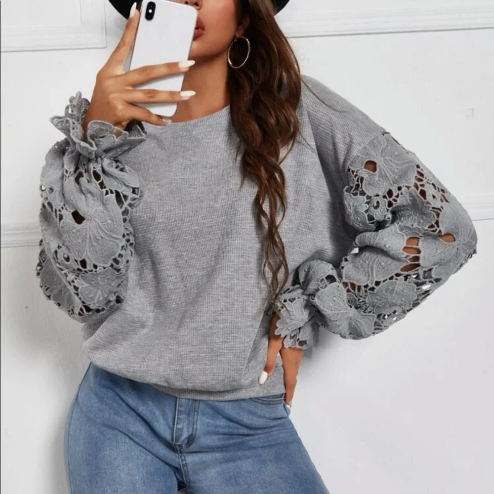 Boho Floral Sheer Lace Long Sleeve Drop Shoulder Top Blouse - Picture 1 of 5